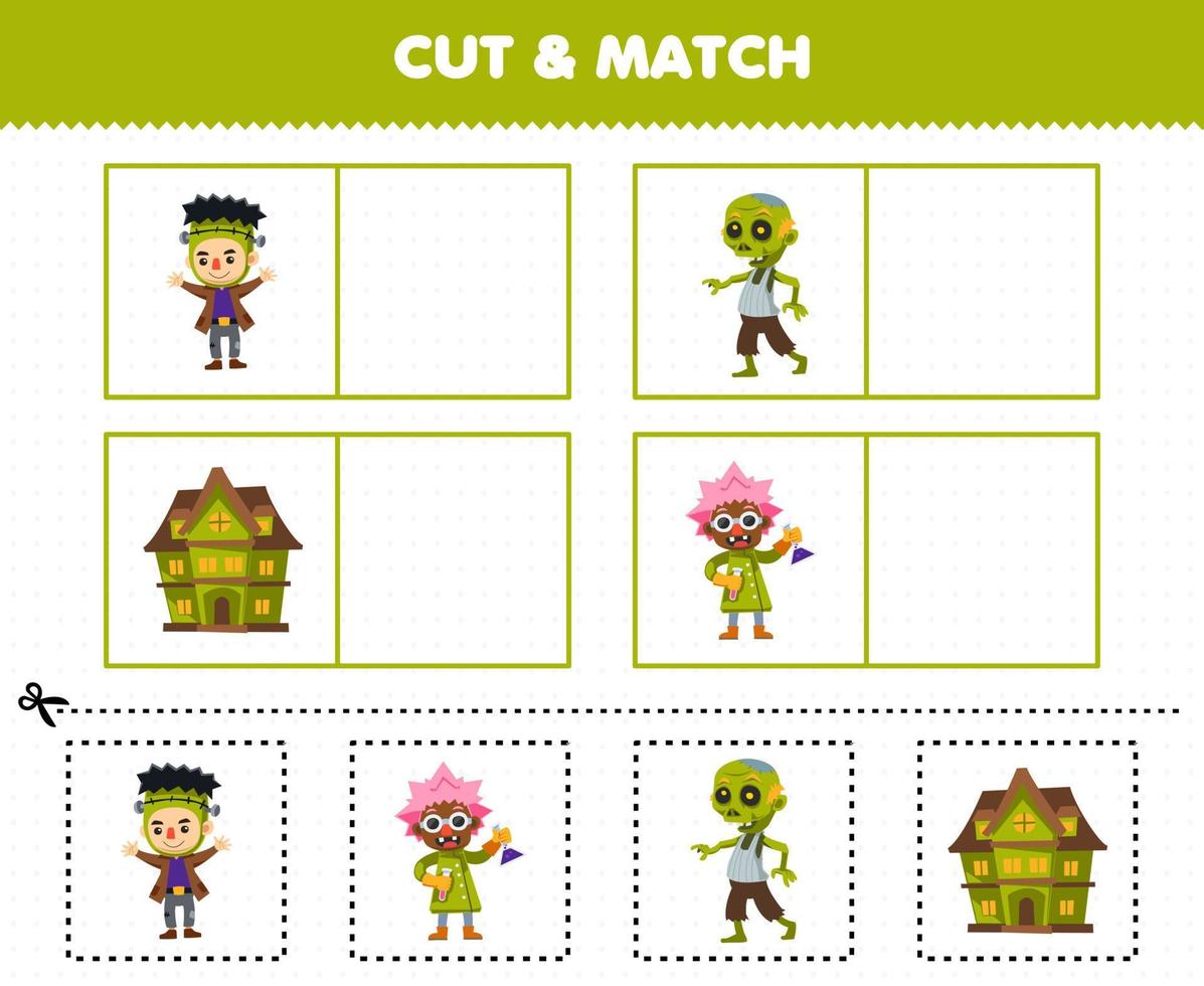 educatief spel voor kinderen knip en match dezelfde foto van schattige cartoon spookachtig huis frankenstein wetenschapper zombie kostuum halloween afdrukbaar werkblad vector