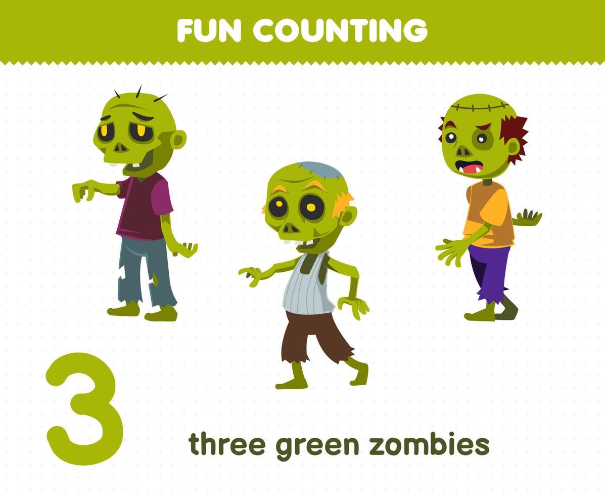 educatief spel voor kinderen leuk tellen drie groene zombies halloween werkblad vector