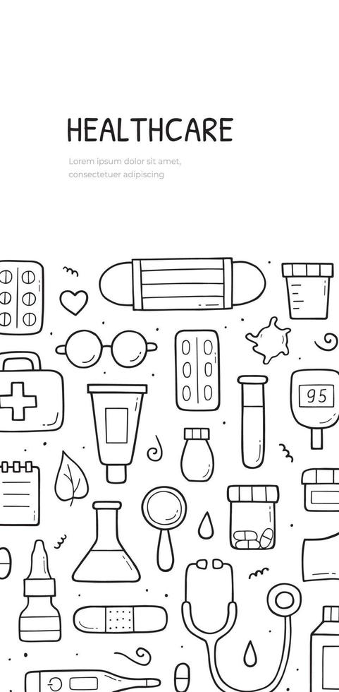 hand getrokken doodle set van medische en gezondheidszorg concept. verticale banner sjabloon. vector samenstelling ontwerp.
