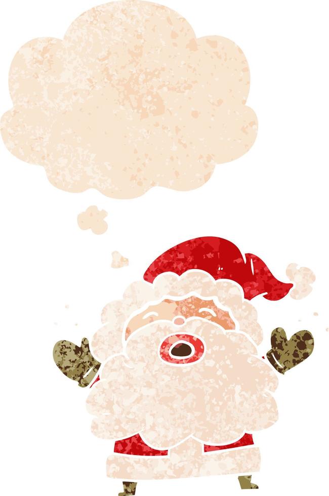 cartoon kerstman schreeuwen en gedachte zeepbel in retro getextureerde stijl vector