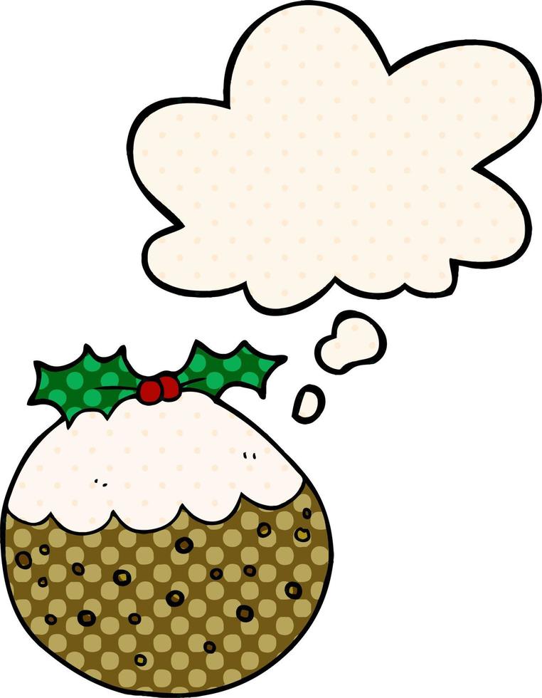 cartoon kerstpudding en gedachte bel in stripboekstijl vector