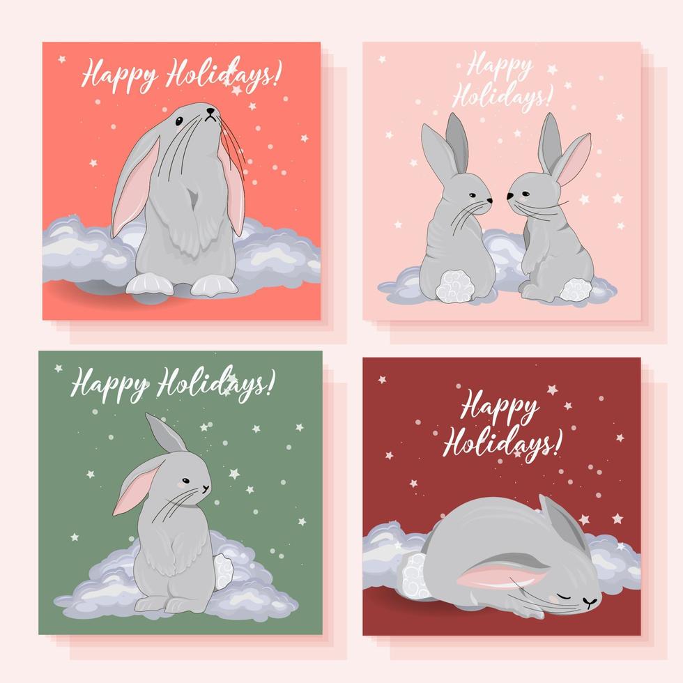 fijne feestdagen briefkaart. jaar van het konijn 2023. kinderkaarten magie. posters met konijnen. vector