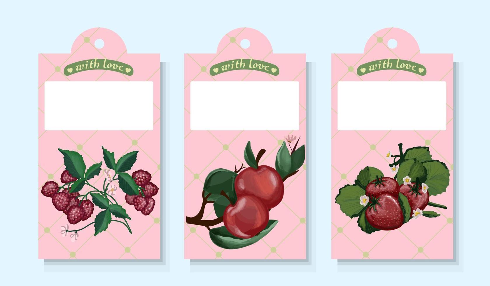 labels voor potten. aardbei, framboos en appel. zelfgemaakte jam. keuken emblemen. zelfgemaakte huisgemaakte gerechten. vector