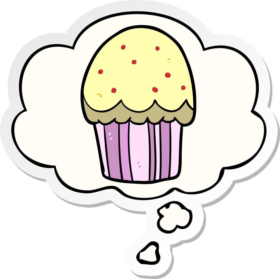 cartoon cupcake en gedachte bel als een gedrukte sticker vector