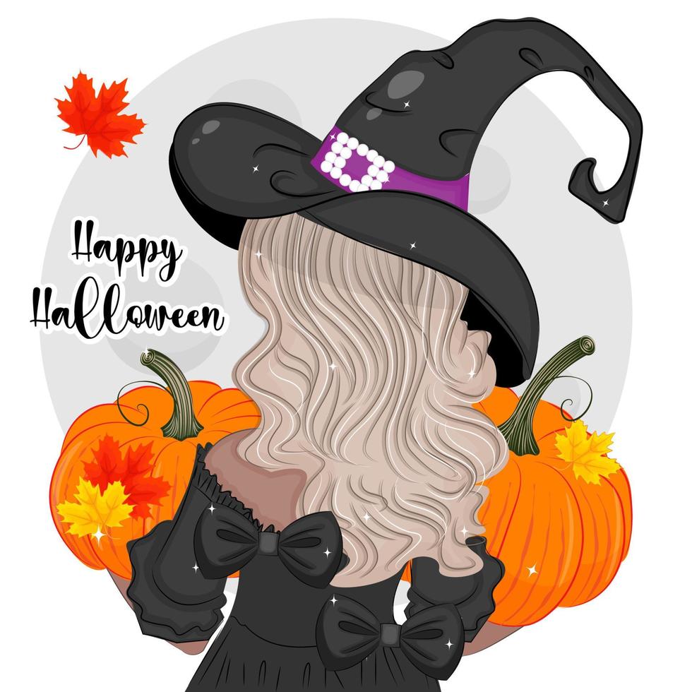 Halloween vakantie mooie heks met een pompoen achteraanzicht, mode vectorillustratie print vector