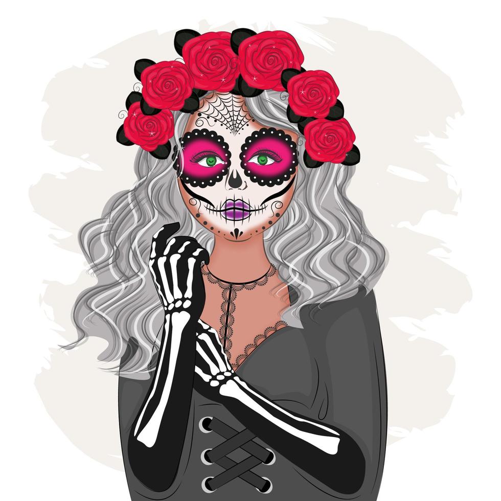 halloween make-up kunst, mode, stijlvolle meisjesafbeelding, vectorillustratie afdrukken vector