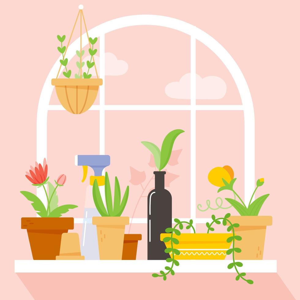 bloemen op de vensterbank. plant zaailingen bij het raam in het appartement. zaailing potten. stad groen. vector geïsoleerde afbeelding.
