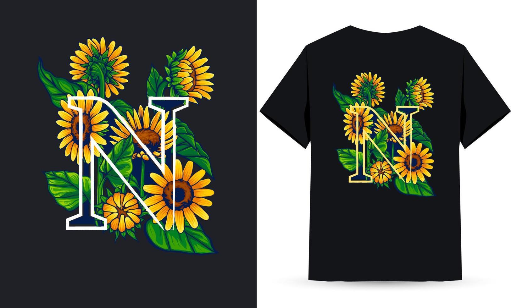 letter n alfabet zonnebloem en zomer illustratie geschikt voor shirt zeefdruk vector