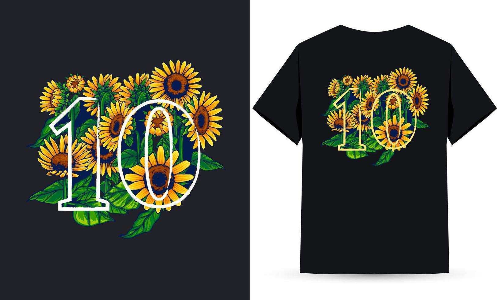 nummer 10 zonnebloem- en zomerillustratie geschikt voor shirtzeefdruk vector