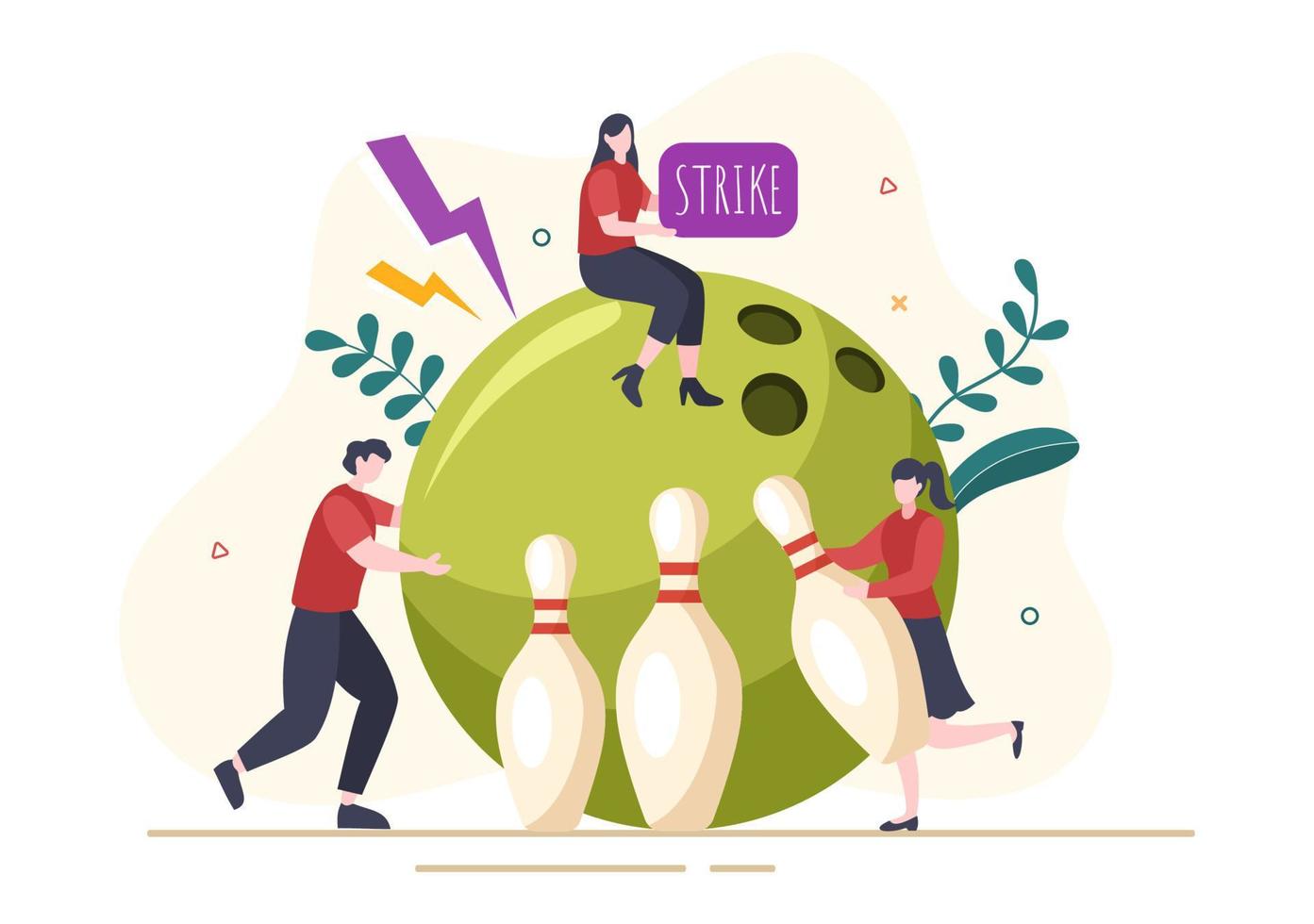 mensen spelen bowlingspel handgetekende cartoon platte ontwerp illustratie met pinnen, ballen en scoreborden in een sportclub of activiteitenwedstrijd vector