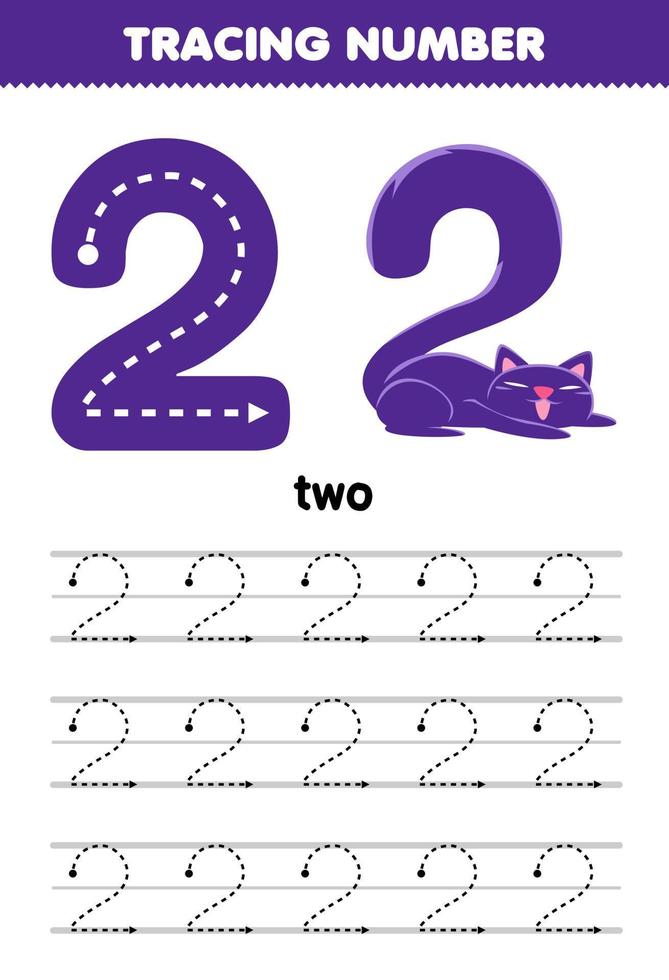 educatief spel voor kinderen traceren nummer twee met halloween thema paarse kat afdrukbaar werkblad vector