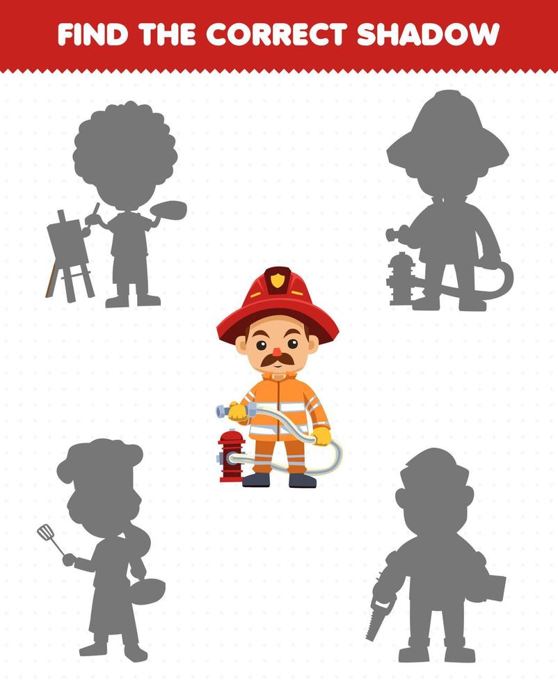 educatief spel voor kinderen vind de juiste schaduwset van schattige cartoon beroep brandweerman afdrukbaar werkblad vector