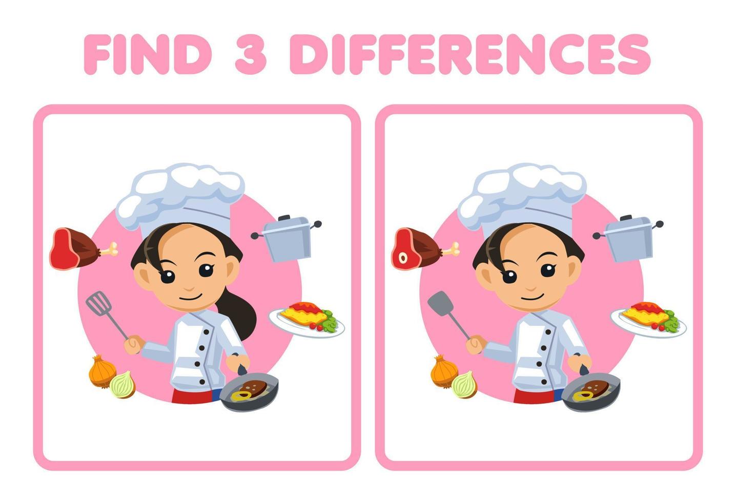 educatief spel voor kinderen vind drie verschillen tussen twee schattige cartoon chef-kok beroep afdrukbaar werkblad vector