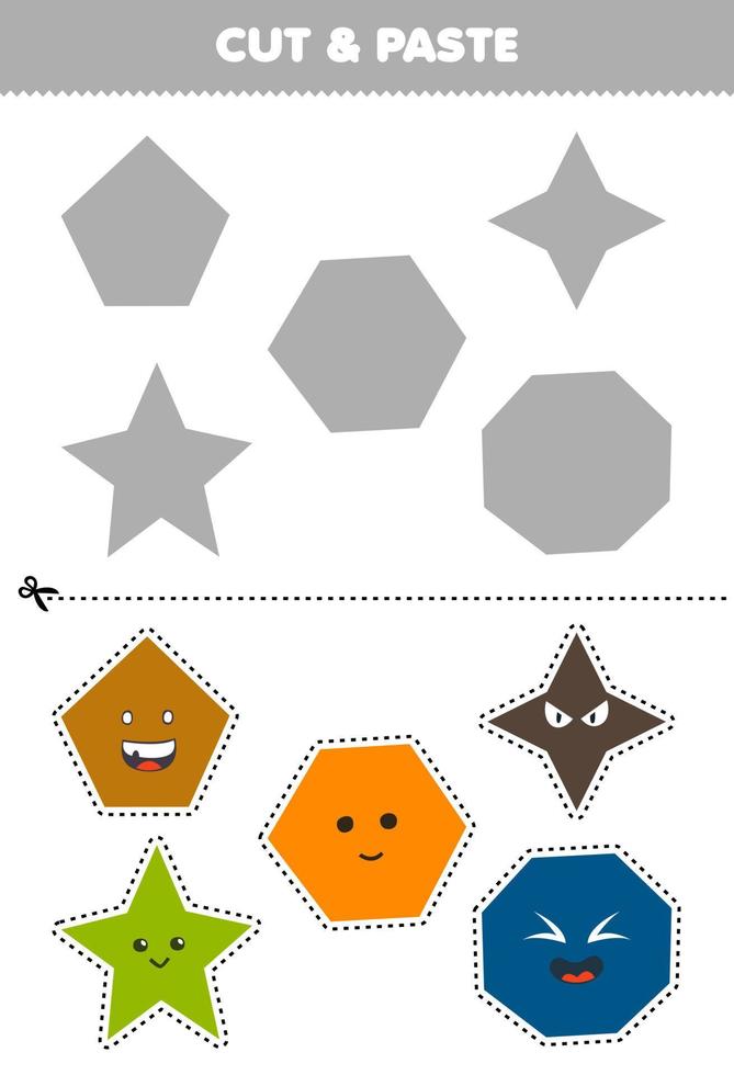 educatief spel voor kinderen knippen en plakken schattige cartoon geometrische vormen vijfhoek zeshoek ster achthoek naar het juiste deel afdrukbaar werkblad vector