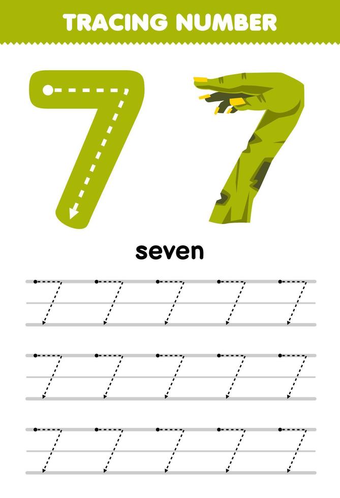 educatief spel voor kinderen nummer zeven traceren met halloween-thema groene hand zombie afdrukbaar werkblad vector