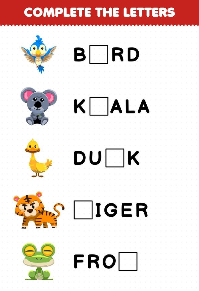 educatief spel voor kinderen voltooi de letters van schattige dierennaam vogel koala eend tijgerkikker afdrukbaar werkblad vector