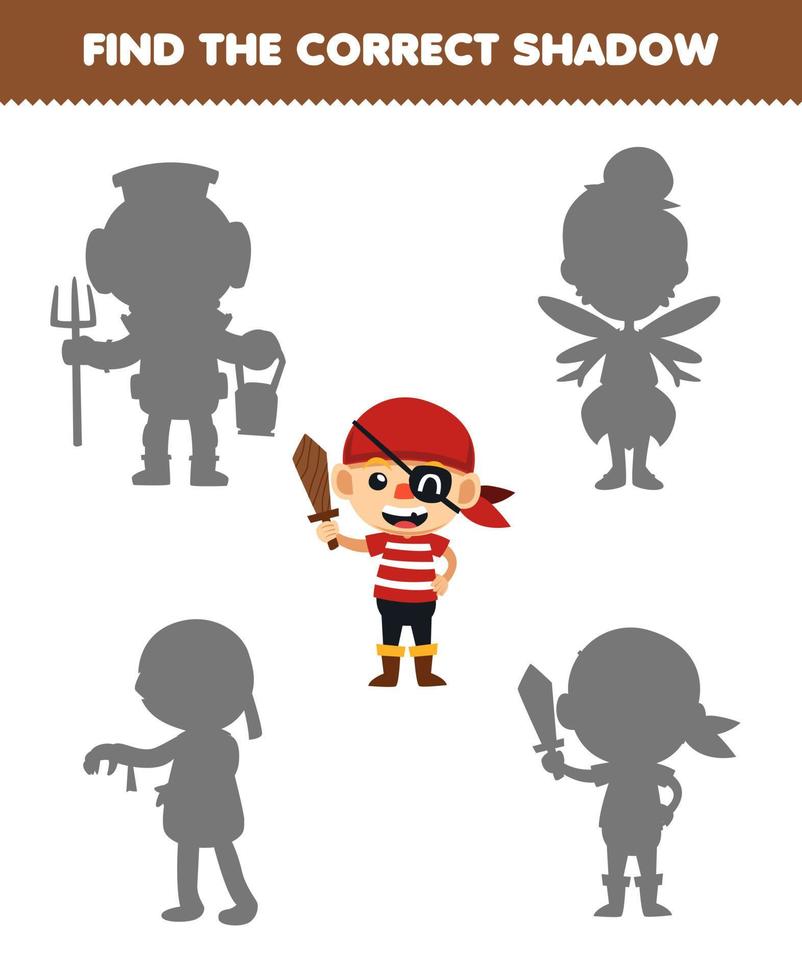 educatief spel voor kinderen vind de juiste schaduwset van schattige cartoon piraat jongen kostuum halloween afdrukbaar werkblad vector