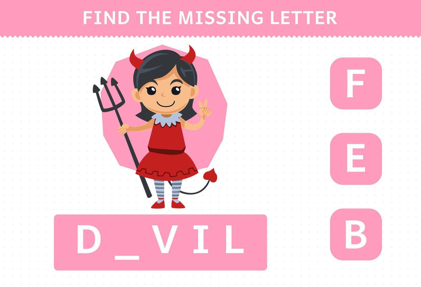 educatief spel voor kinderen zoek ontbrekende letter van schattige cartoon duivel meisje halloween kostuum afdrukbaar werkblad vector