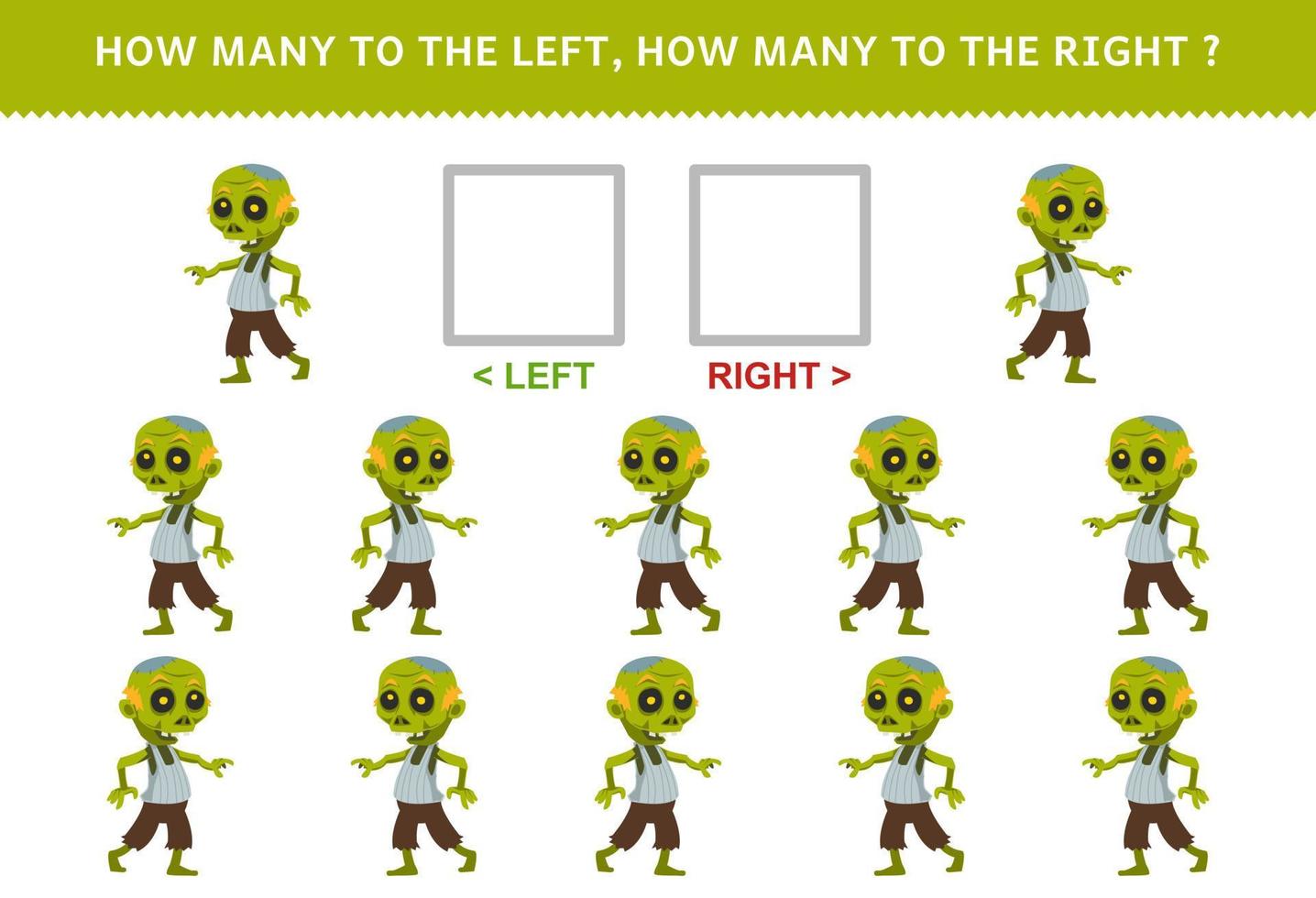 educatief spel voor kinderen van het tellen van links en rechts afbeelding van schattige cartoon zombie halloween afdrukbaar werkblad vector