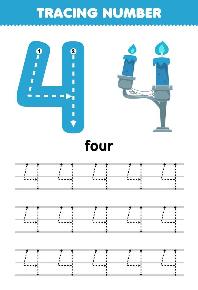 educatief spel voor kinderen nummer vier traceren met halloween-thema blauwe kaarsen afdrukbaar werkblad vector
