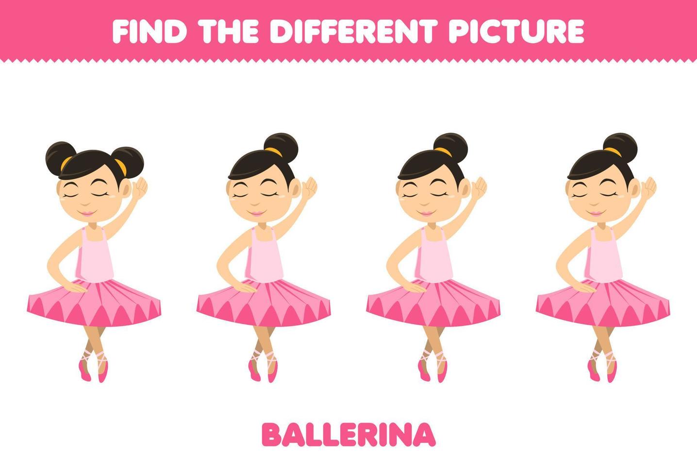 educatief spel voor kinderen vind de verschillende foto's van schattige cartoon ballerina beroep afdrukbaar werkblad vector