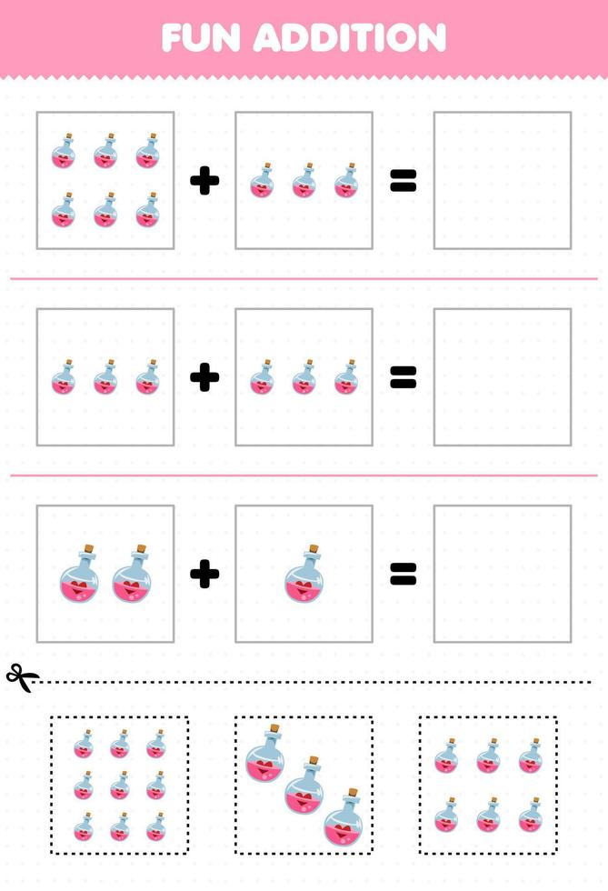 educatief spel voor kinderen leuke toevoeging door knippen en matchen van schattige cartoon roze toverdrank fles foto's voor halloween afdrukbaar werkblad vector
