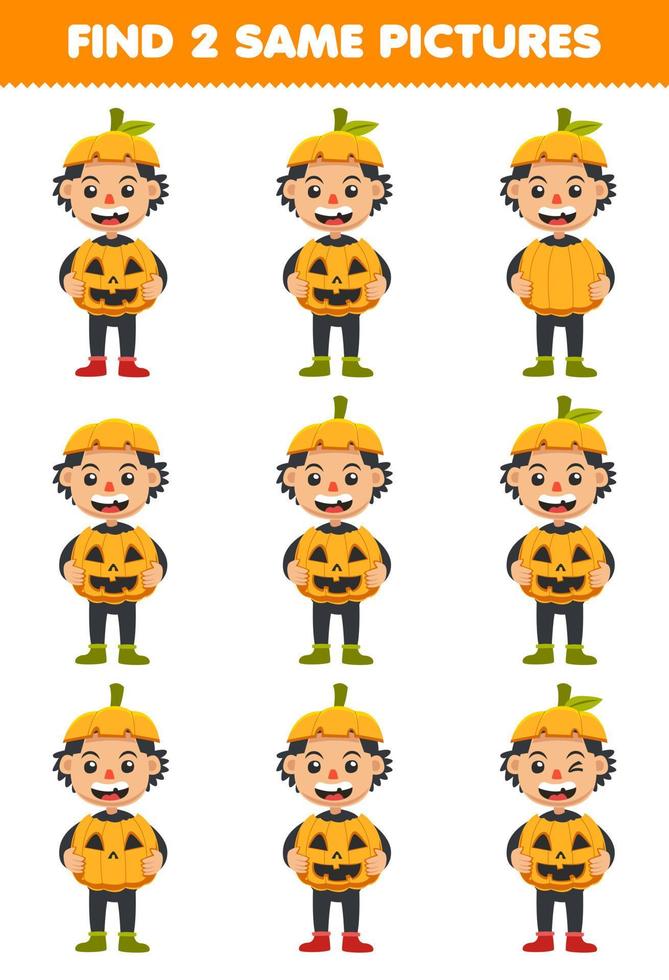 educatief spel voor kinderen vind twee dezelfde foto's van schattige cartoon pompoen jongen kostuum halloween afdrukbaar werkblad vector