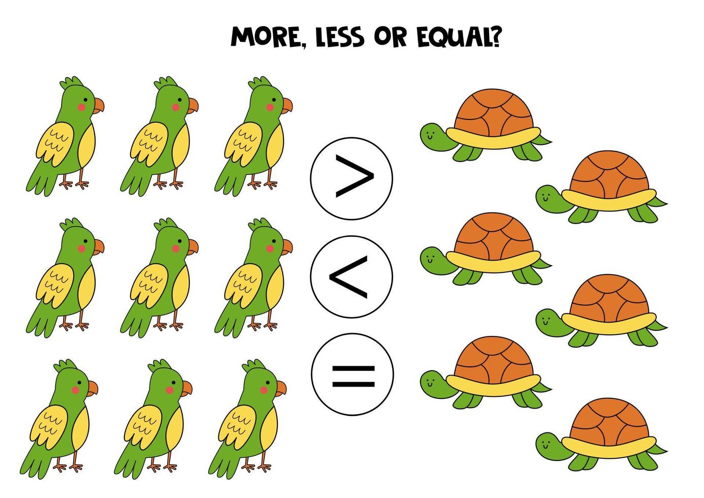 meer, minder, gelijk aan schattige papegaaien en schildpadden. vector