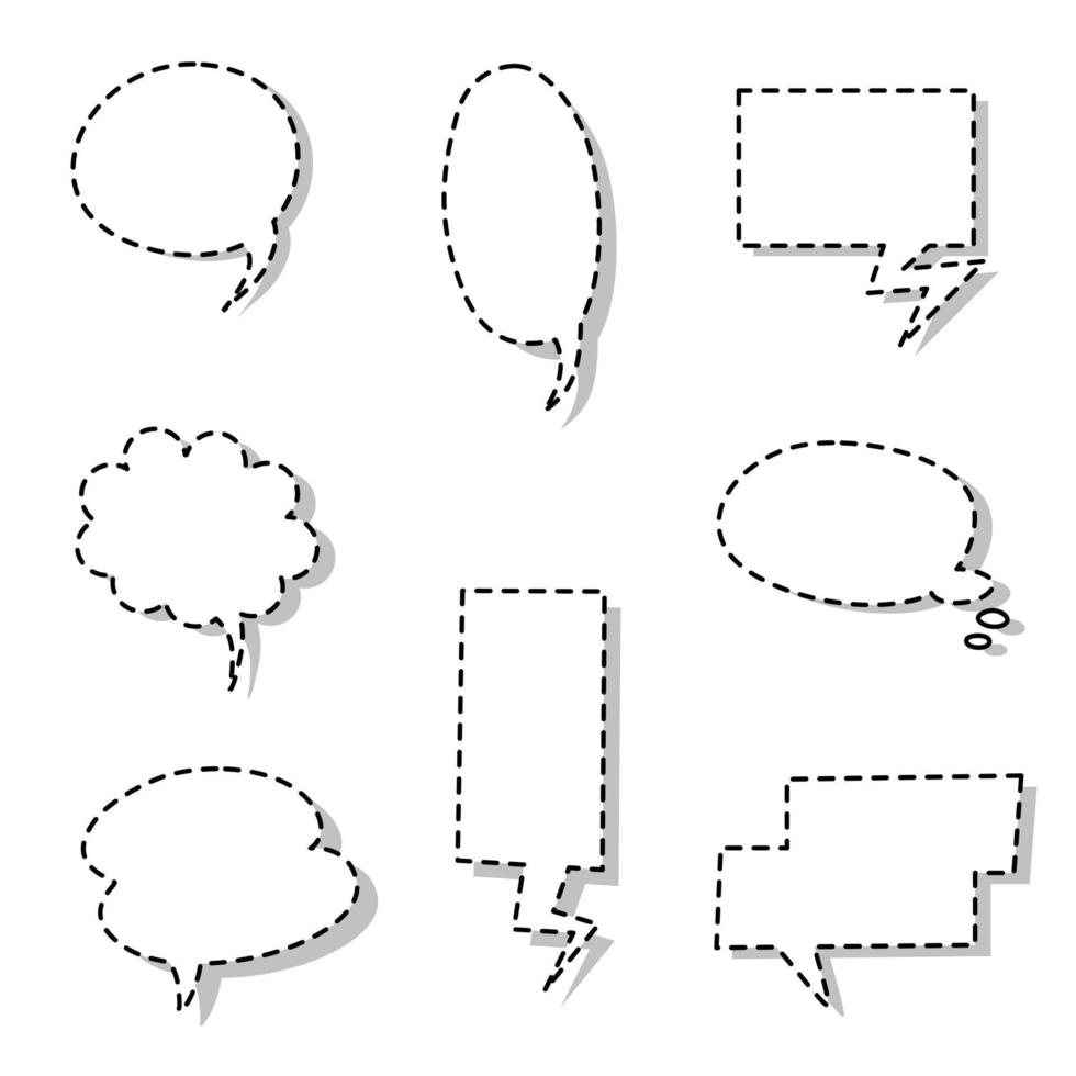 collectie set van lege zwart-wit hand tekenen dash lijn toespraak bubble ballon, denk spreken praten tekstvak, banner, platte vector illustratie ontwerp