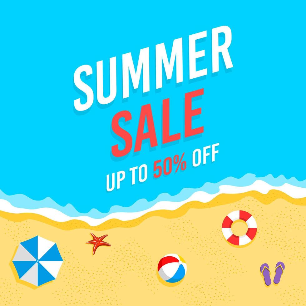 zomer verkoop poster of banner. de zee en het strand met een bal, sandalen, zeester, parasol vector