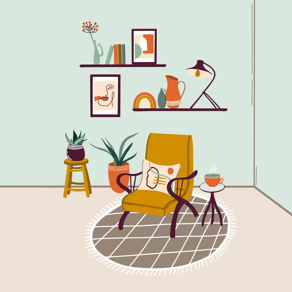 gezellige woonkamer met fauteuil, planken en kamerplanten die in potten groeien. modern comfortabel interieur ingericht in Scandinavische stijl. vectorillustratie. vector