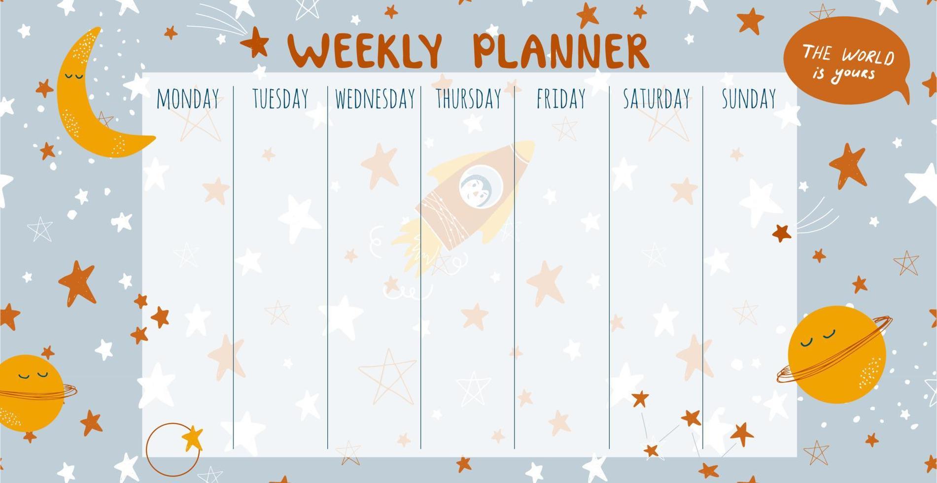 vector weekplanner voor kinderen. ontwerpsjabloon plannen. kosmische thema achtergrond.