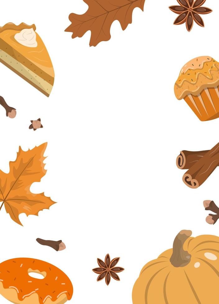 herfstfeest eenvoudige rustieke uitnodigingskaart. eenvoudige illustratie van herfstbladeren, oranje pompoen, cupcake, donut en kruiden. geïsoleerd op een witte achtergrond. vector