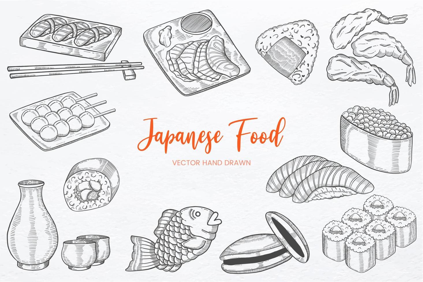 japan of japans eten set collectie met handgetekende schets vector