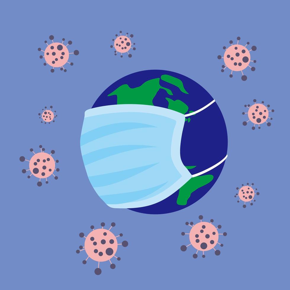 aarde in een medisch masker omgeven door coronavirus vector