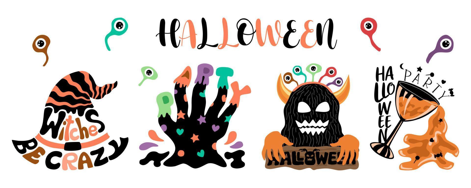 Halloween vector illustratie set ontworpen in doodle stijl in zwarte en oranje tinten op witte achtergrond voor halloween thema decoratie, t-shirt design, tas ontwerp, sticker, mok, stof patroon