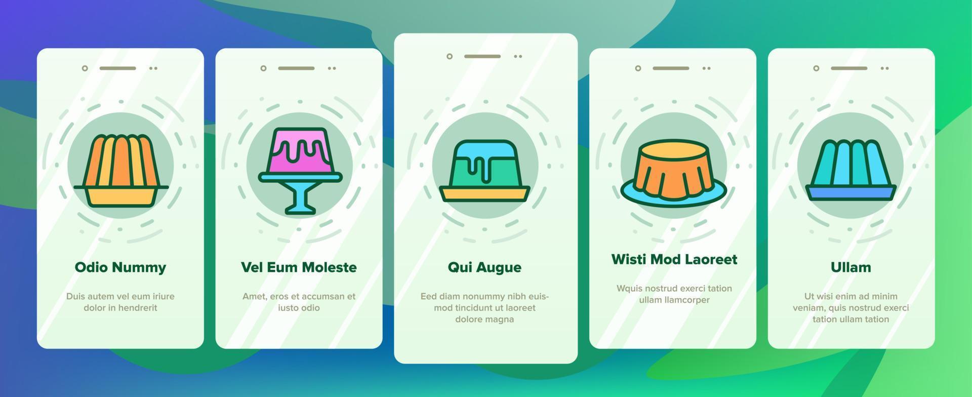 gelei zoet dessert onboarding pictogrammen instellen vector