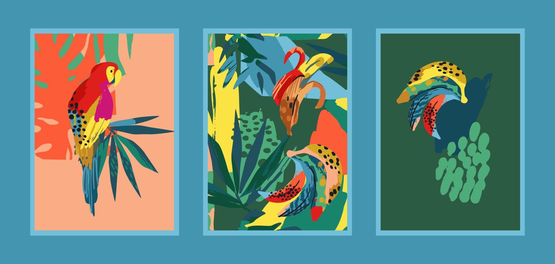 set art prints met abstracte tropische natuur. frisse en heldere kleuren. modern vectorontwerp voor posters, kaarten, omslagverpakkingen en meer vector