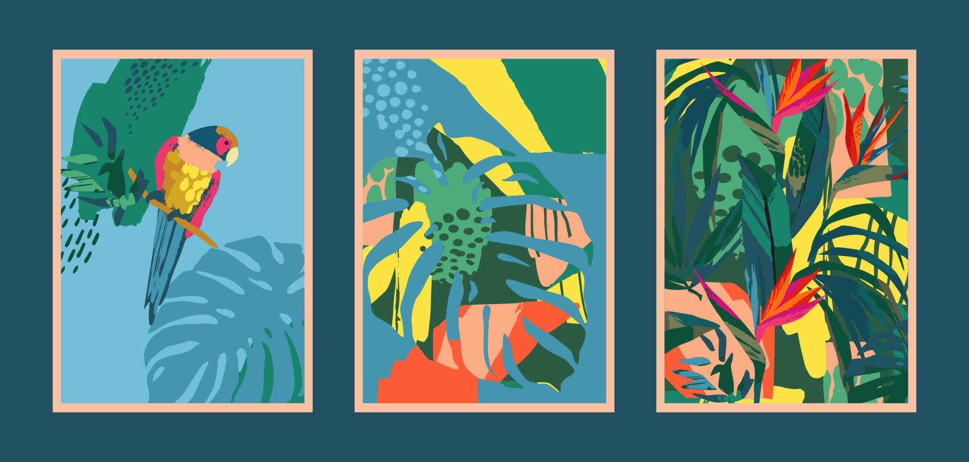 set art prints met abstracte tropische natuur. frisse en heldere kleuren. modern vectorontwerp voor posters, kaarten, omslagverpakkingen en meer vector