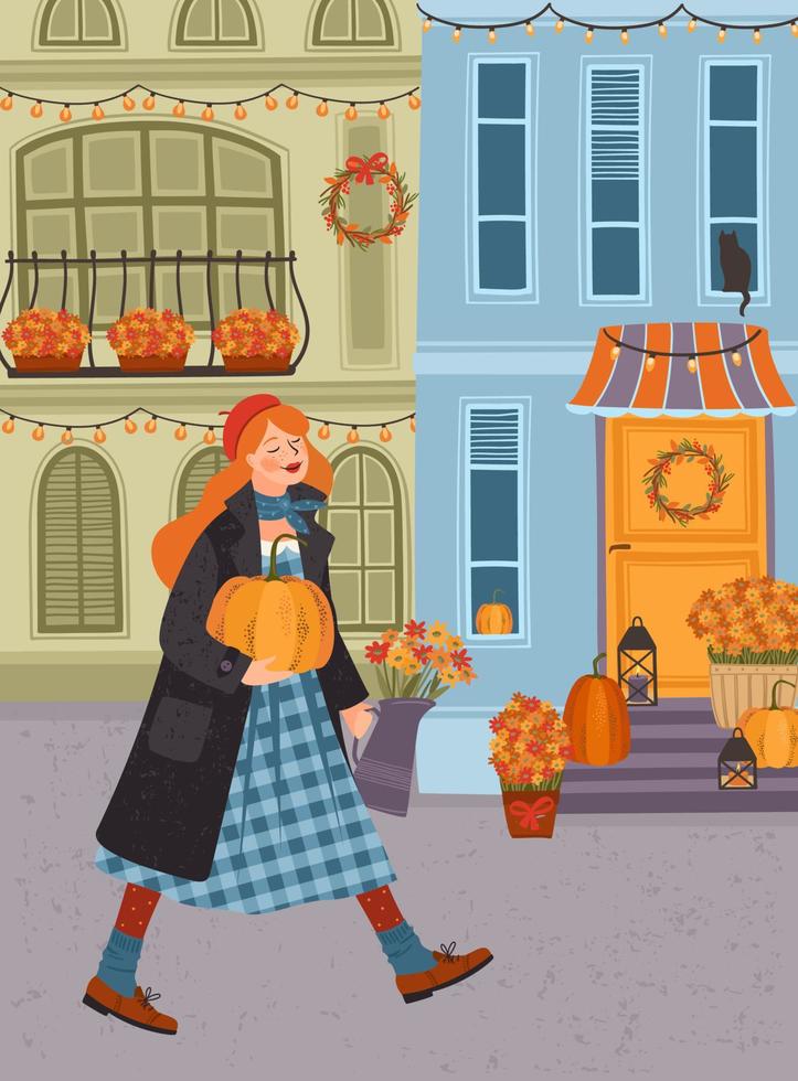 herfst illustratie. leuke dame met pompoen en bloemen. vectorontwerp voor kaart, poster, flyer, web en andere gebruikers. vector