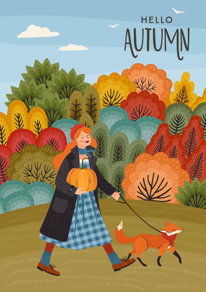 herfst illustratie. schattig meisje met een vos. vectorontwerp voor kaart, poster, flyer, web en ander gebruik. vector
