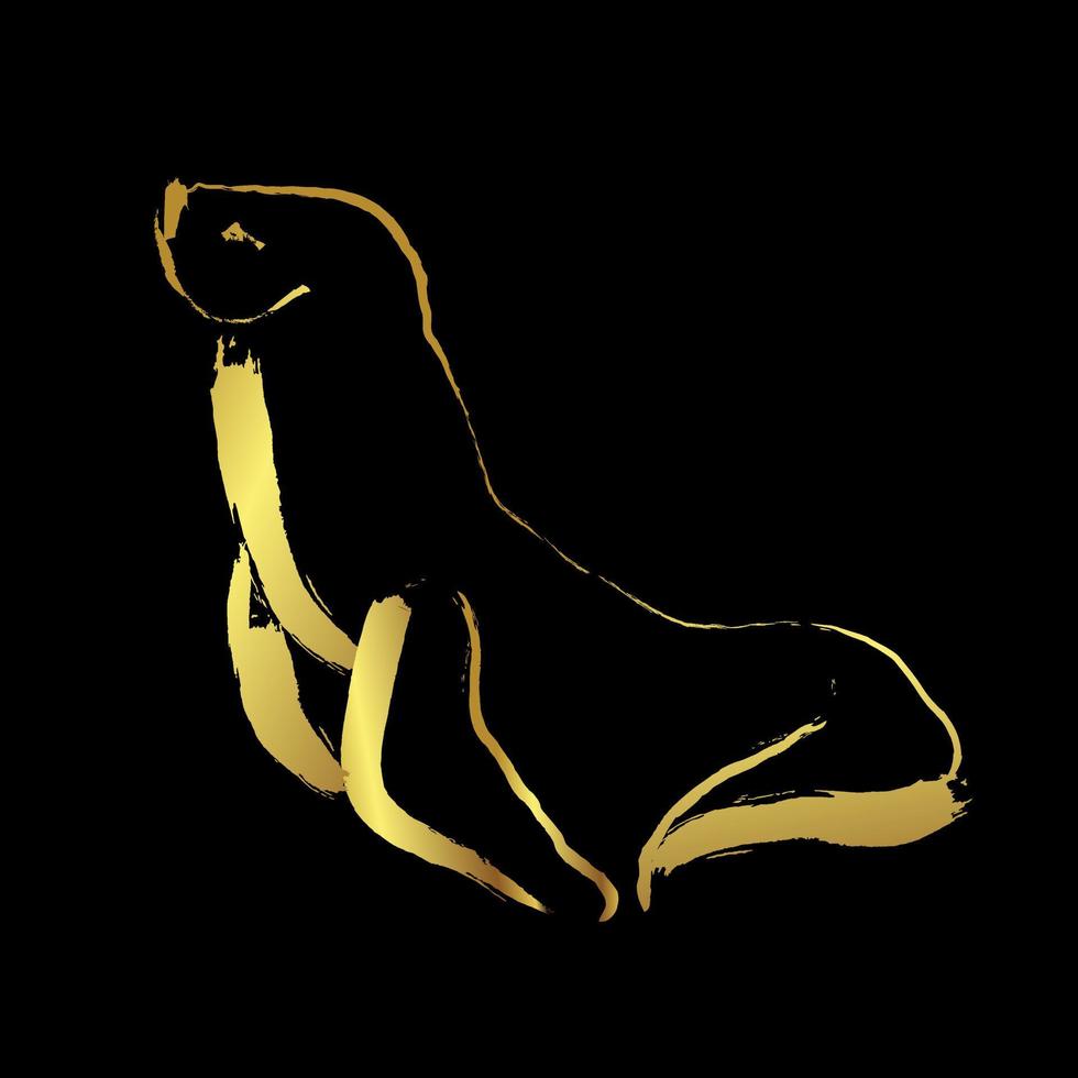 zeeleeuwen of otariinae met gouden penseelstreek schilderen op zwarte achtergrond vector