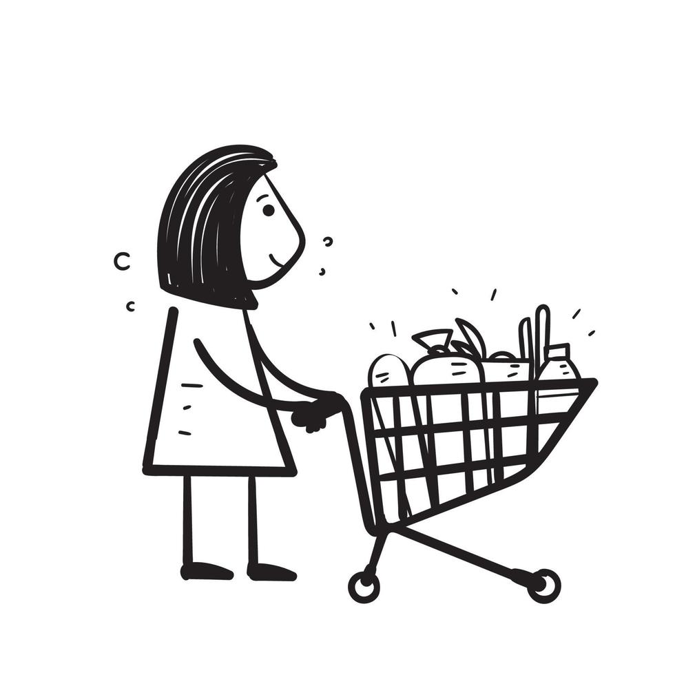 hand getrokken doodle vrouw duwen trolley illustratie vector