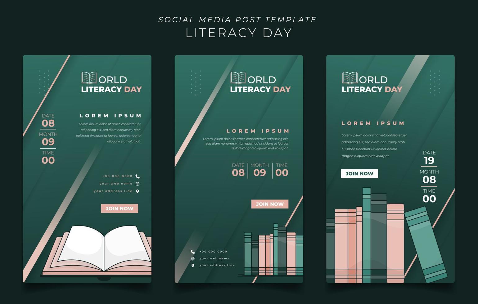 set van postsjabloon voor sociale media met boekenplank en geopend boek voor wereldgeletterdheidsdagontwerp vector