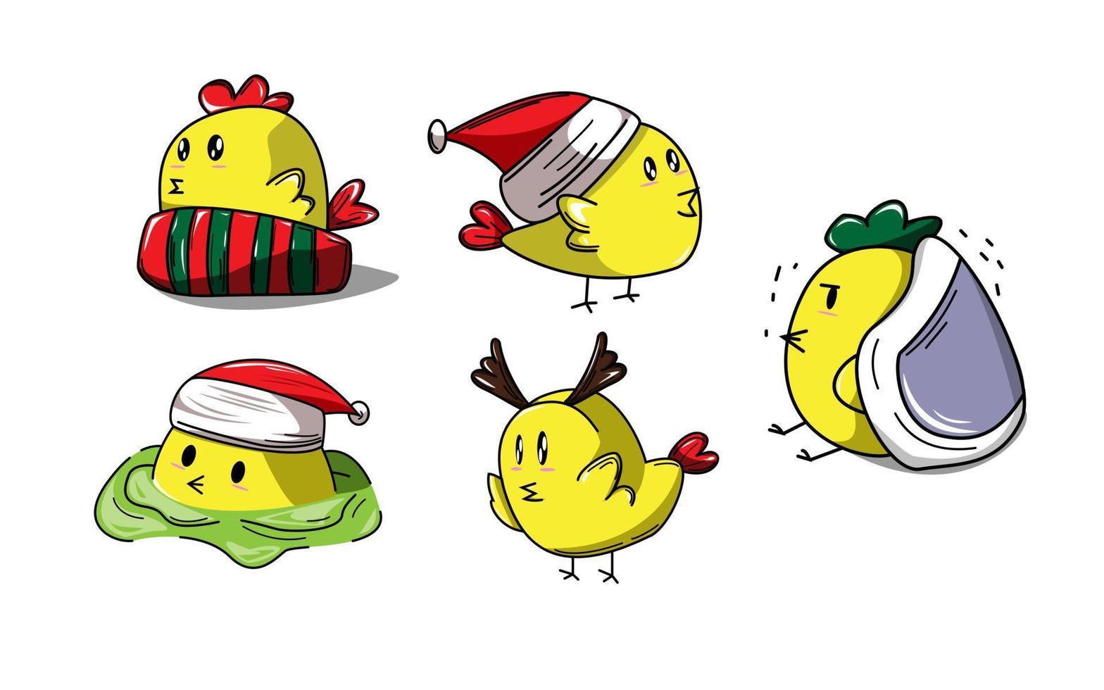 vijf schattige gele kuikens met kerstmutsen op een witte achtergrond vector