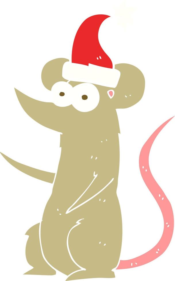 egale kleurenillustratie van een cartoonmuis die een kerstmuts draagt vector