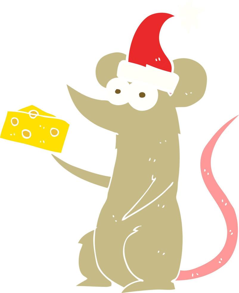 egale kleurenillustratie van een cartoon kerstmuis met kaas vector