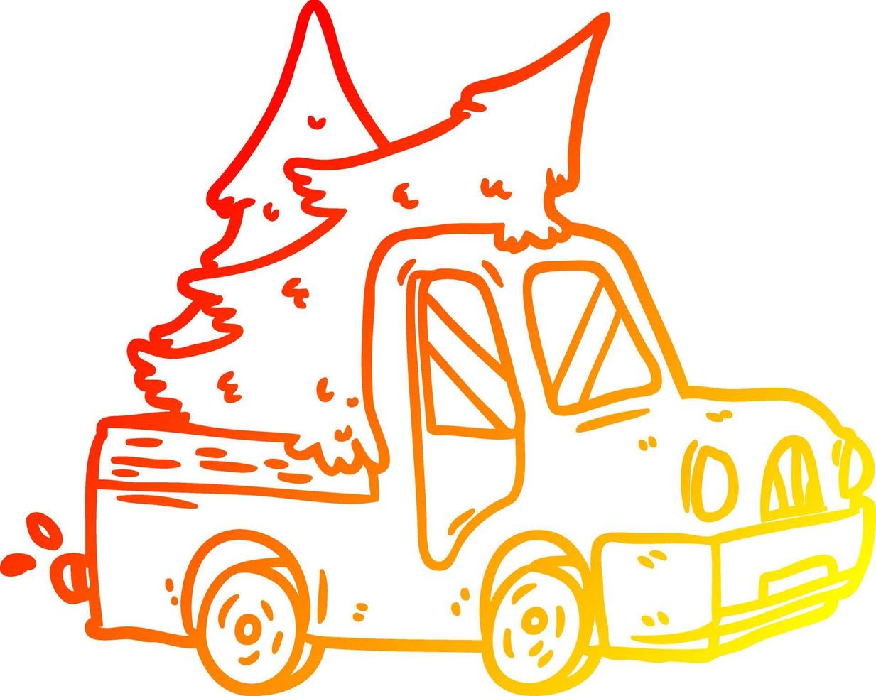 warme gradiënt lijntekening pick-up truck met kerstbomen vector