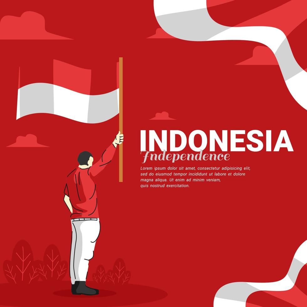 Indonesië onafhankelijkheidsdag man met een vlag illustratie groet sjabloonontwerp vector