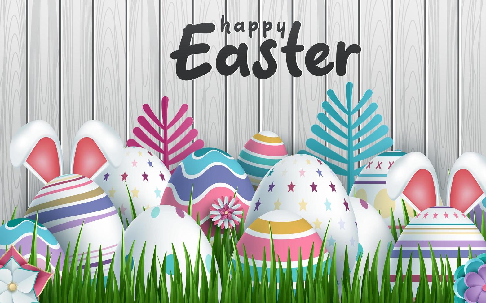 happy easter achtergrond met realistische paaseieren houten lambrisering vector